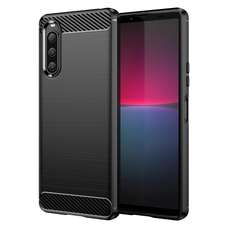 Black brushed texture TPU phone case with carbon fiber look trim and camera cutouts