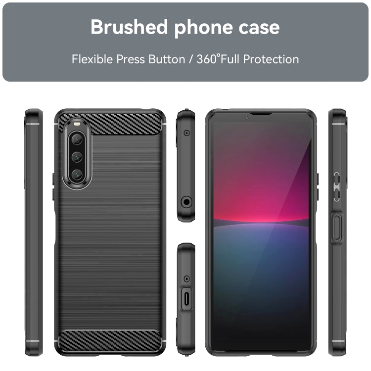 Black brushed texture TPU phone case with carbon fiber trim, side buttons, and camera cutout
