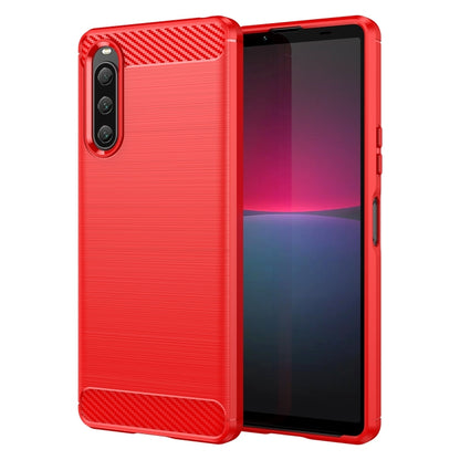 Red brushed texture TPU phone case with carbon fiber look trim and camera cutouts