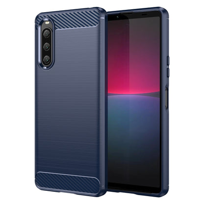 Blue brushed texture TPU phone case with carbon fiber look trim and camera cutouts
