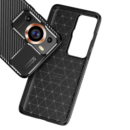 Black carbon-fiber textured TPU phone case with raised camera area and grip pattern.