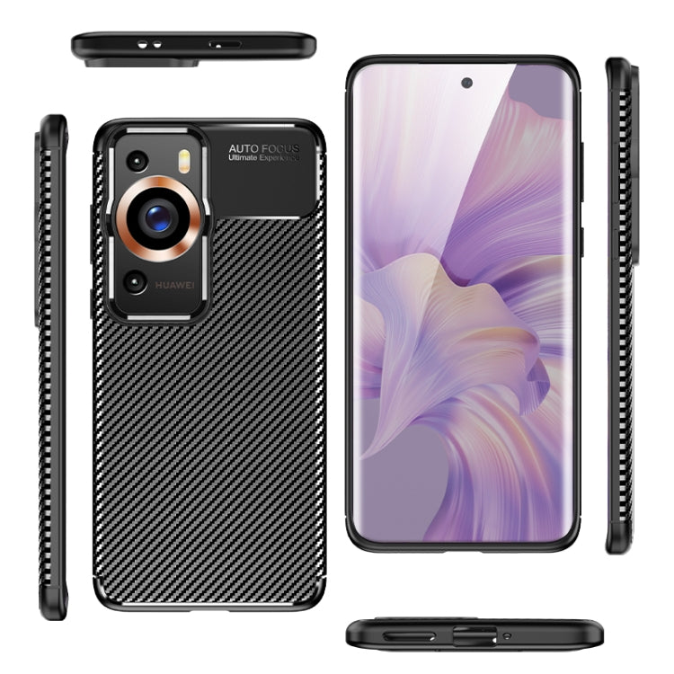 Black carbon-fiber textured TPU phone case with port cutouts and raised camera panel.