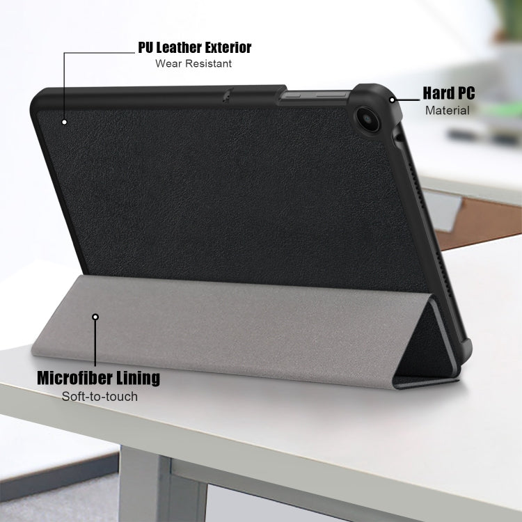 Black tablet case with front stand and camera cutout, close-up side view