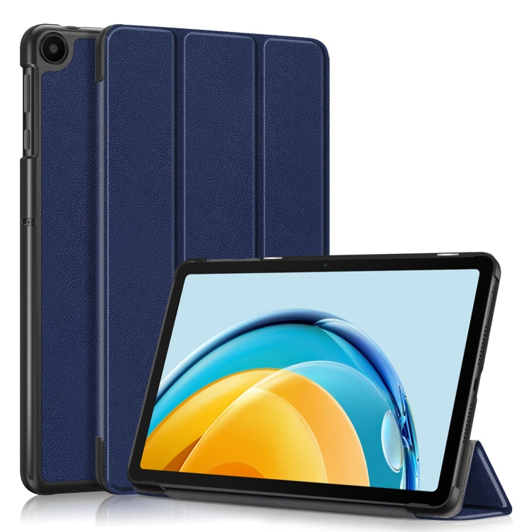 Dark blue three-fold tablet case with front stand support and textured panels