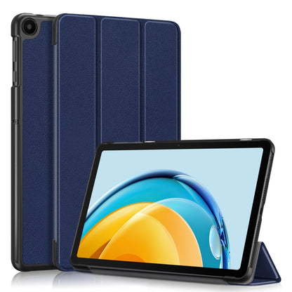 Dark blue three-fold tablet case with front stand support and textured panels