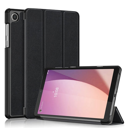 Black three-fold tablet case with front stand, tablet secured