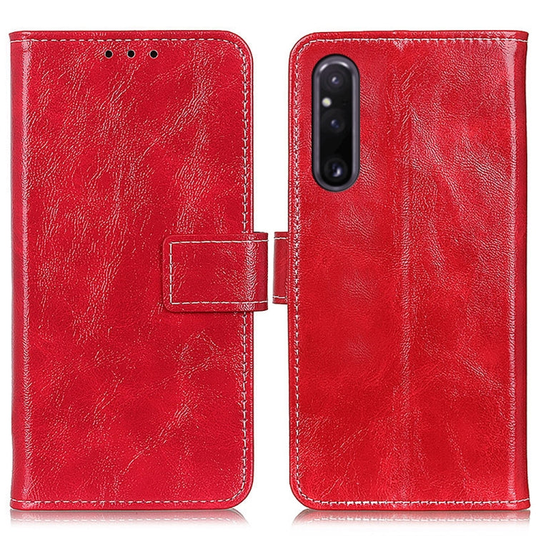 Red crazy horse texture flip phone case with cutout and stitched edges