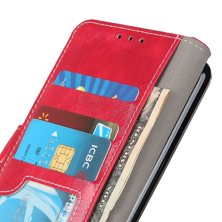 Red flip leather phone case showing card slots and windowed pocket