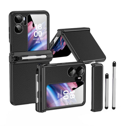 Black textured leather hinged phone case with retractable pen and stand cover