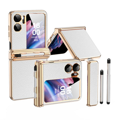Gold white textured leather hinged phone case with retractable pen and stand cover