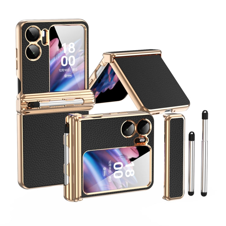 Black and gold textured leather hinged phone case with retractable pen and stand cover