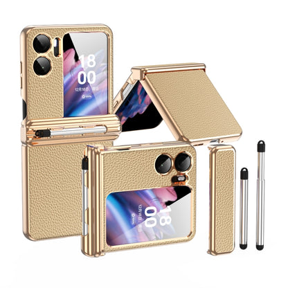 Gold textured leather hinged phone case with retractable pen and stand cover