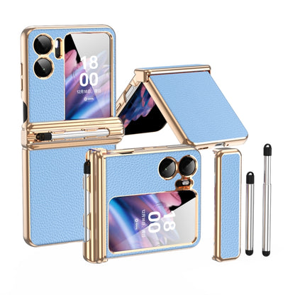 Light blue textured leather hinged phone case with retractable pen and stand cover