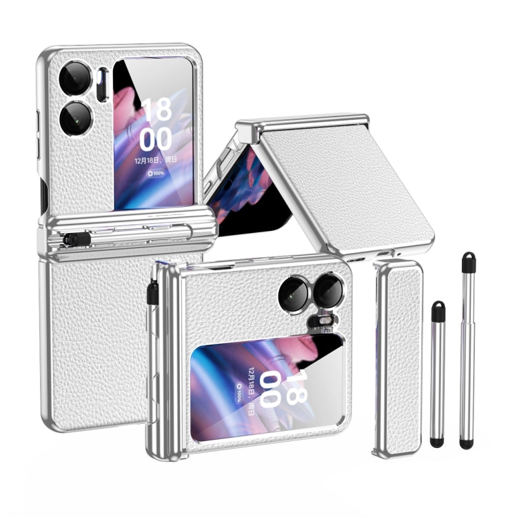 Silver white textured leather hinged phone case with retractable pen and stand cover