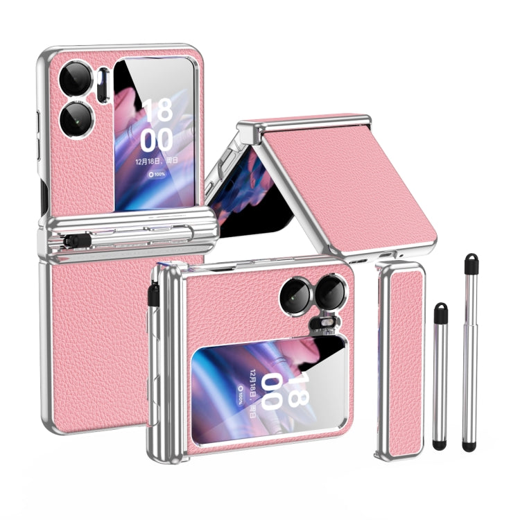 Silver pink textured leather hinged phone case with retractable pen and stand cover