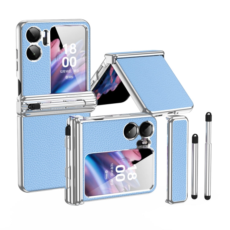 Silver blue textured leather hinged phone case with retractable pen and stand cover