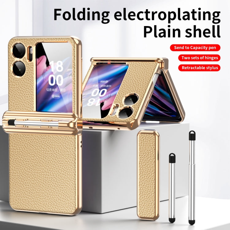 Gold textured leather folding hinged phone case with retractable pen and stand cover