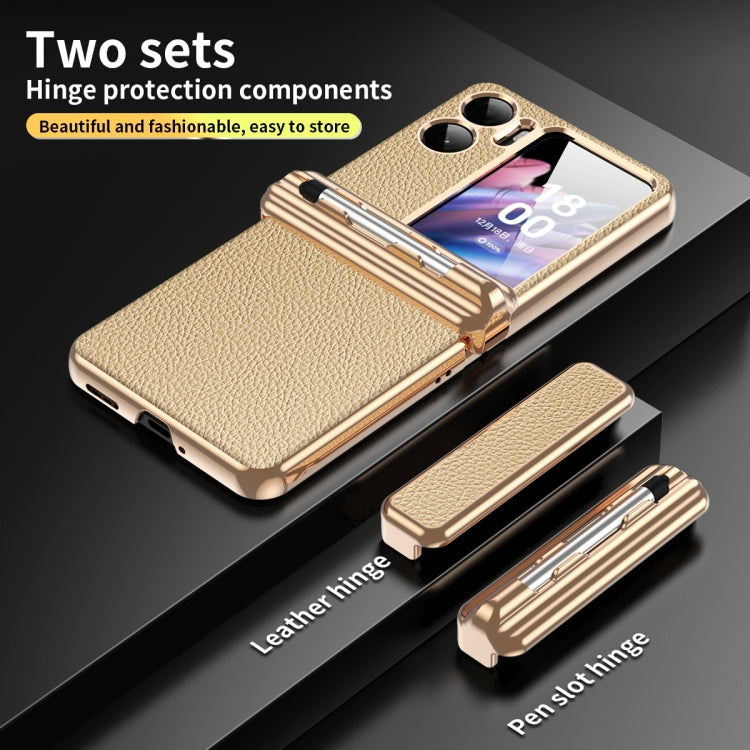 Litchi-texture hinged phone case with pen, beige leather-look and gold-tone hardware