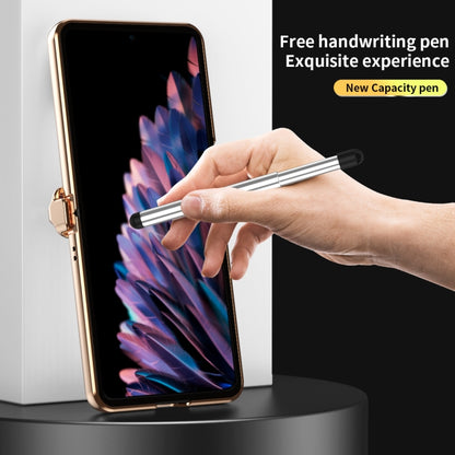 Beige leather-look hinged phone case with pen, gold-tone edges
