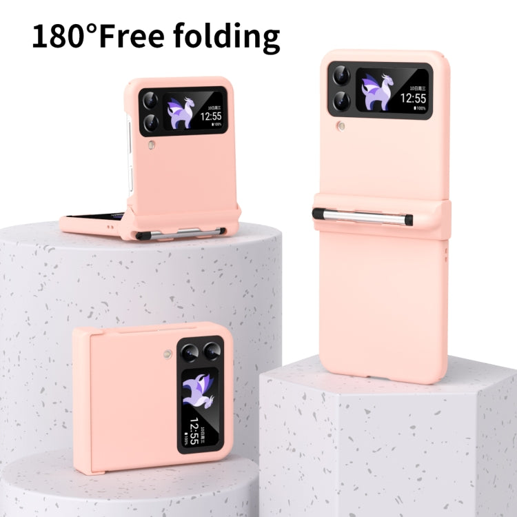 Pink folding phone case with stylus included, shown open and closed on a stand