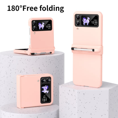 Pink folding phone case with stylus included, shown open and closed on a stand