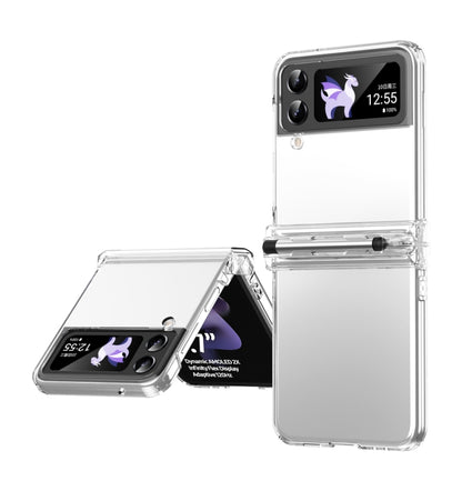 Clear flip phone case with stylus tray for foldable phones, open and closed views