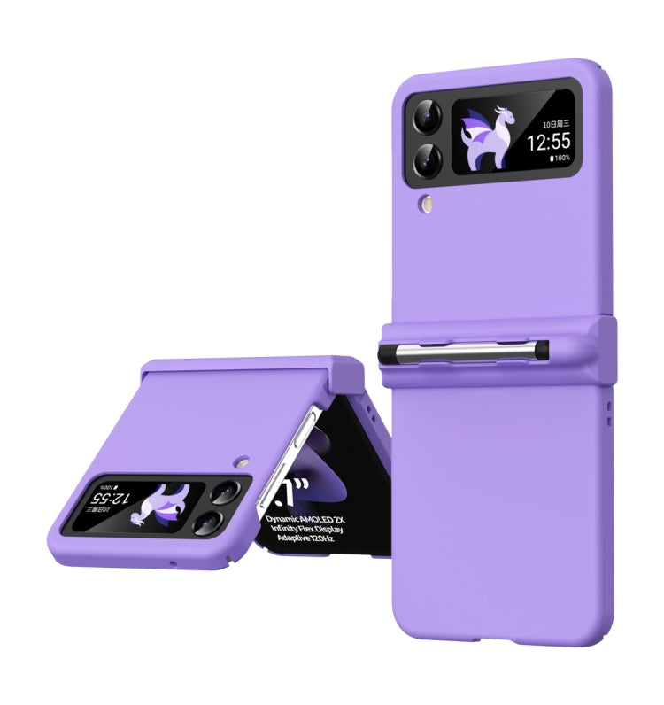 Purple flip phone case with stylus holder, three-piece set shown open and closed