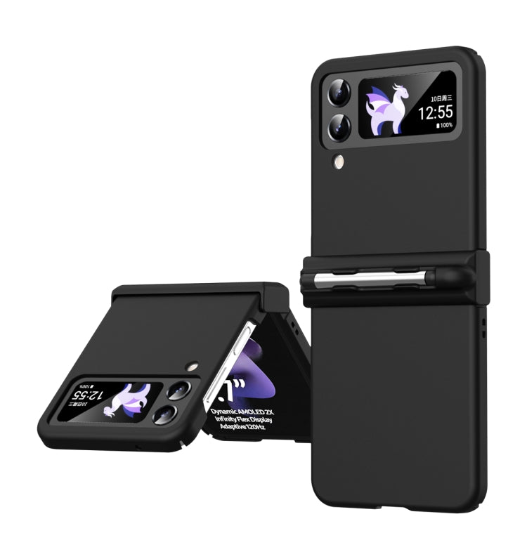 Black three-piece phone case with stylus for foldable phone, purple unicorn graphic