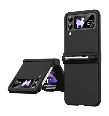 Black three-piece phone case with stylus for foldable phone, purple unicorn graphic