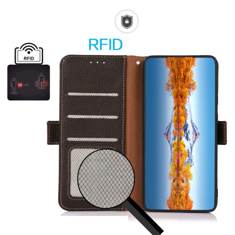 Genuine leather phone case with magnetic closure, RFID card slots, brown open view