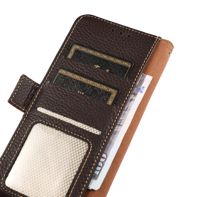 Genuine leather phone case interior with card slots and RFID mesh pocket, brown