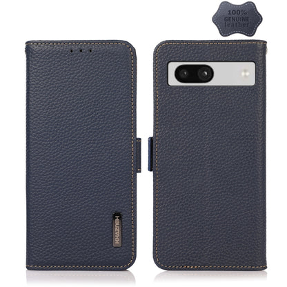 Genuine leather phone case with magnetic closure, litchi-grain texture, dark blue