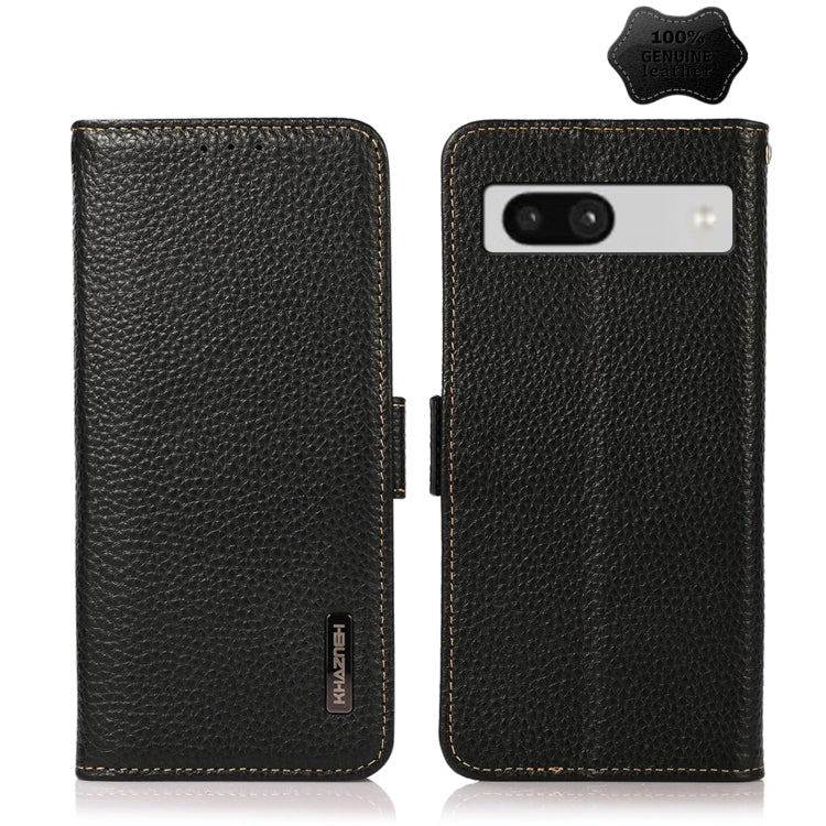 Genuine leather phone case with magnetic closure, litchi-grain texture, black