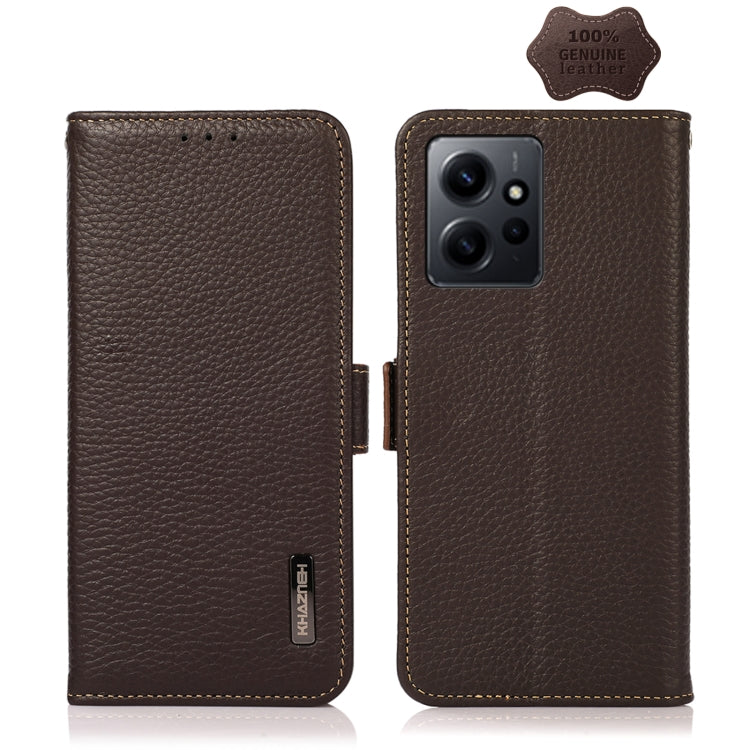 Genuine leather phone case with magnetic closure, litchi-grain texture, brown with camera window