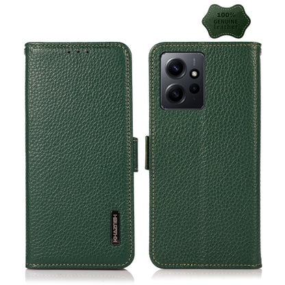 Genuine litchi leather RFID phone case with side magnetic closure, green