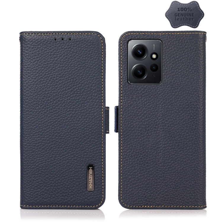 Genuine litchi leather RFID phone case with side magnetic closure, dark blue