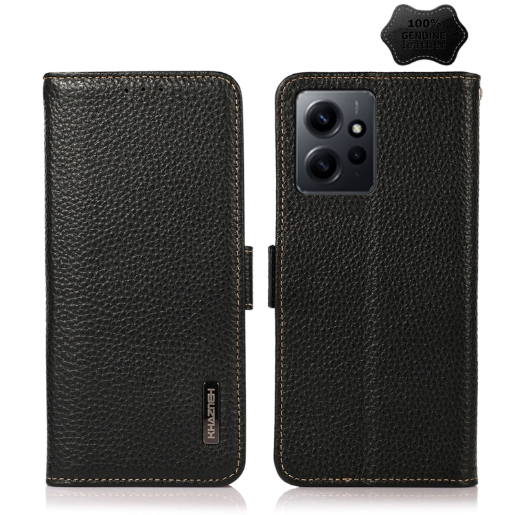Genuine litchi leather RFID phone case with side magnetic closure, black