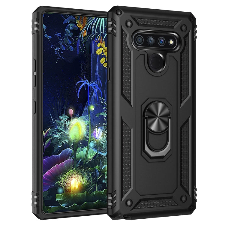 LG Stylo 6 shockproof protective case, black with metal ring kickstand and dual-layer armor
