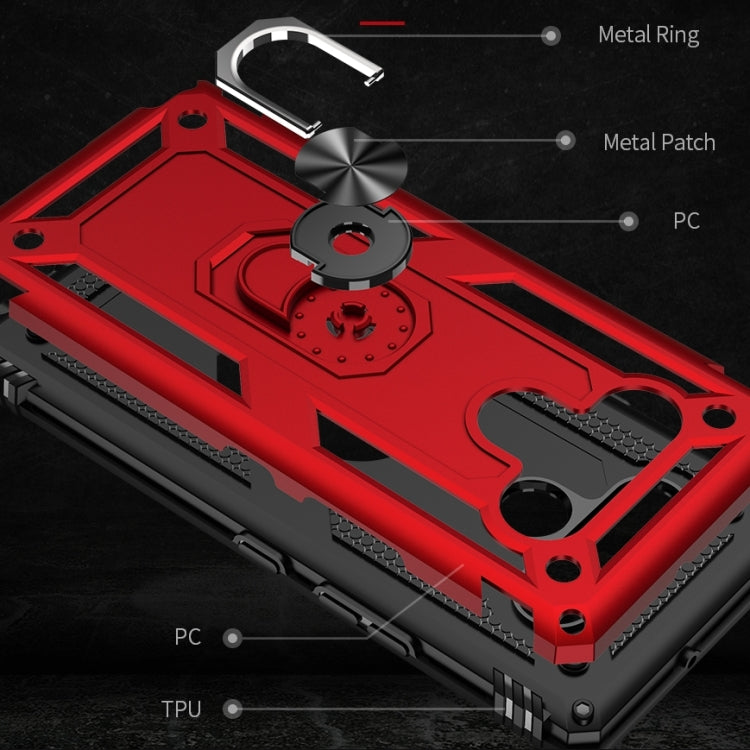 Red shockproof phone case with metal ring kickstand, TPU and PC protective armor