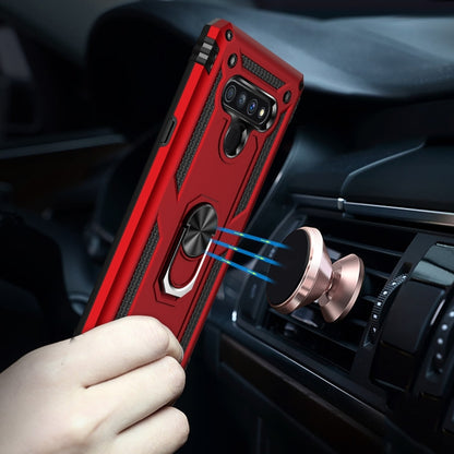 Red LG Stylo 6 protective case with metal ring kickstand attached in car