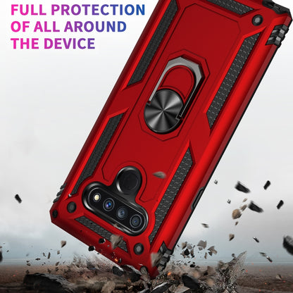 Red LG Stylo 6 shockproof case with metal ring kickstand, full edge protection