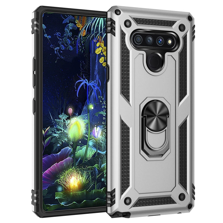 Silver LG Stylo 6 shockproof protective case with metal ring kickstand and rugged frame