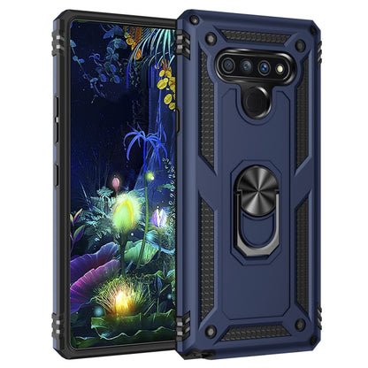 Blue LG Stylo 6 shockproof protective case with metal ring kickstand and raised corners