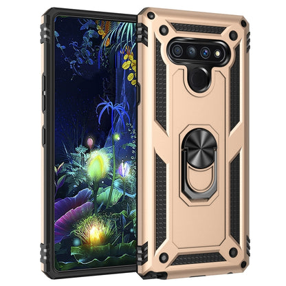 Gold LG Stylo 6 shockproof protective case with metal ring kickstand and textured grip