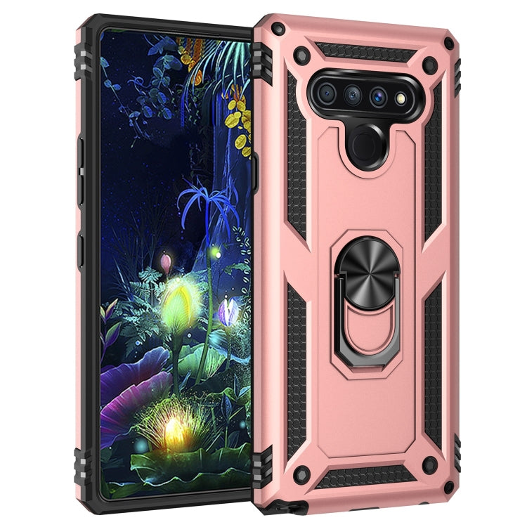 Rose gold shockproof phone case with TPU+PC armor and built-in rotating holder ring