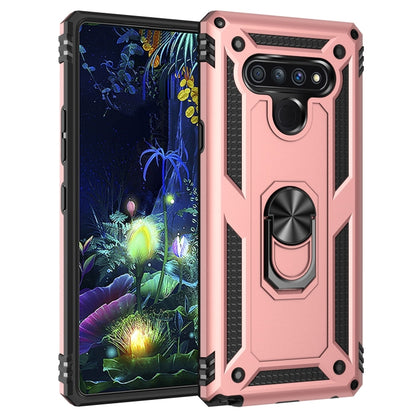 Rose gold shockproof phone case with TPU+PC armor and built-in rotating holder ring