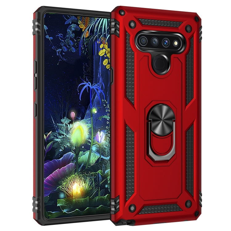 Red LG Stylo 6 shockproof protective case with metal ring kickstand and camera guard