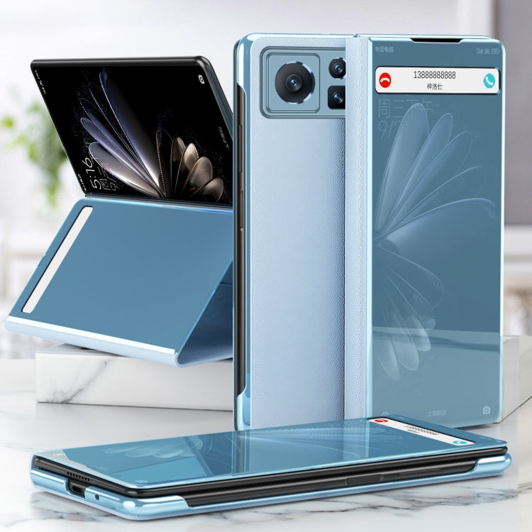 Electroplated mirror leather phone case with stand, blue—covers foldable phone edges