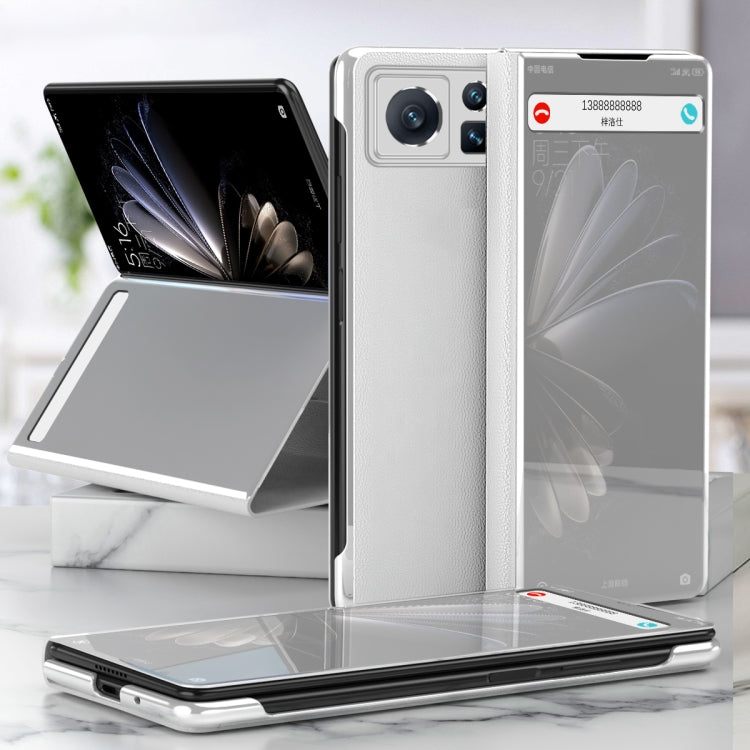 Electroplated mirror leather phone case with stand, silver—foldable phone cover with mirror panel