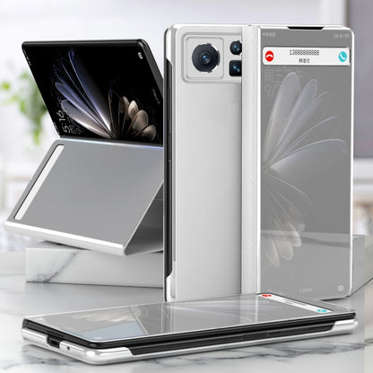 Electroplated mirror leather phone case with stand, silver—foldable phone cover with mirror panel